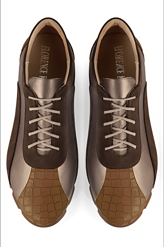Caramel brown and copper gold women's three-tone elegant sneakers. Round toe. Flat rubber soles. Top view - Florence KOOIJMAN